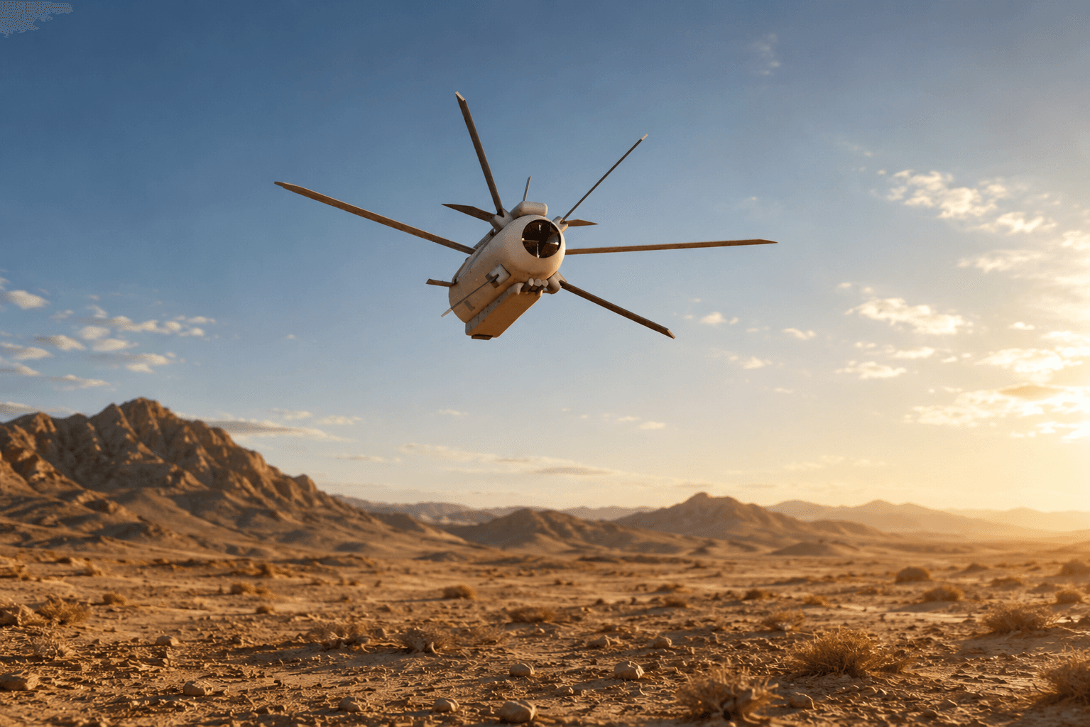 CA-1 aircraft in forward flight over a remote desert landscape